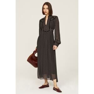 SEA Alani Black Floral Print Chiffon Long Sleeve V-Neck Maxi Dress Size Medium